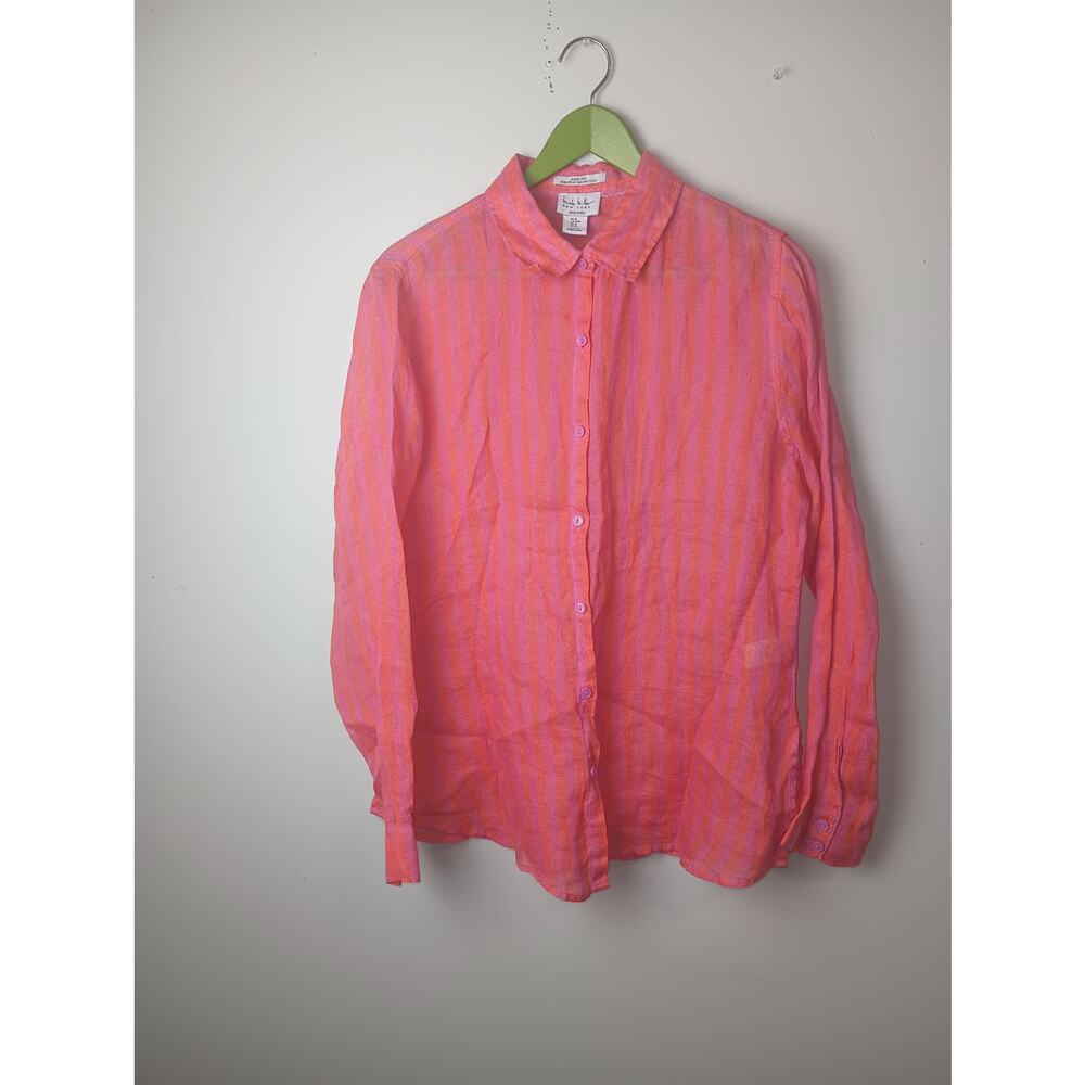 Nicole Miller 100% Linen Neon Pink Orange Stripe Button Down shirt Medium